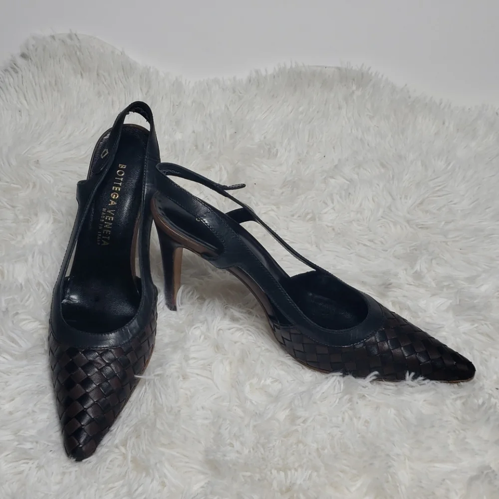 Bottega Veneta Black Woven Leather Pointed Slingback Platforms